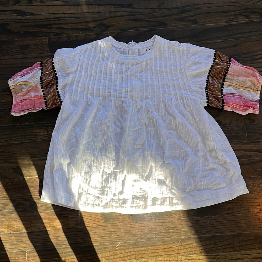 THML White Blouse with Textured Fabric and Colorful Striped Sleeves